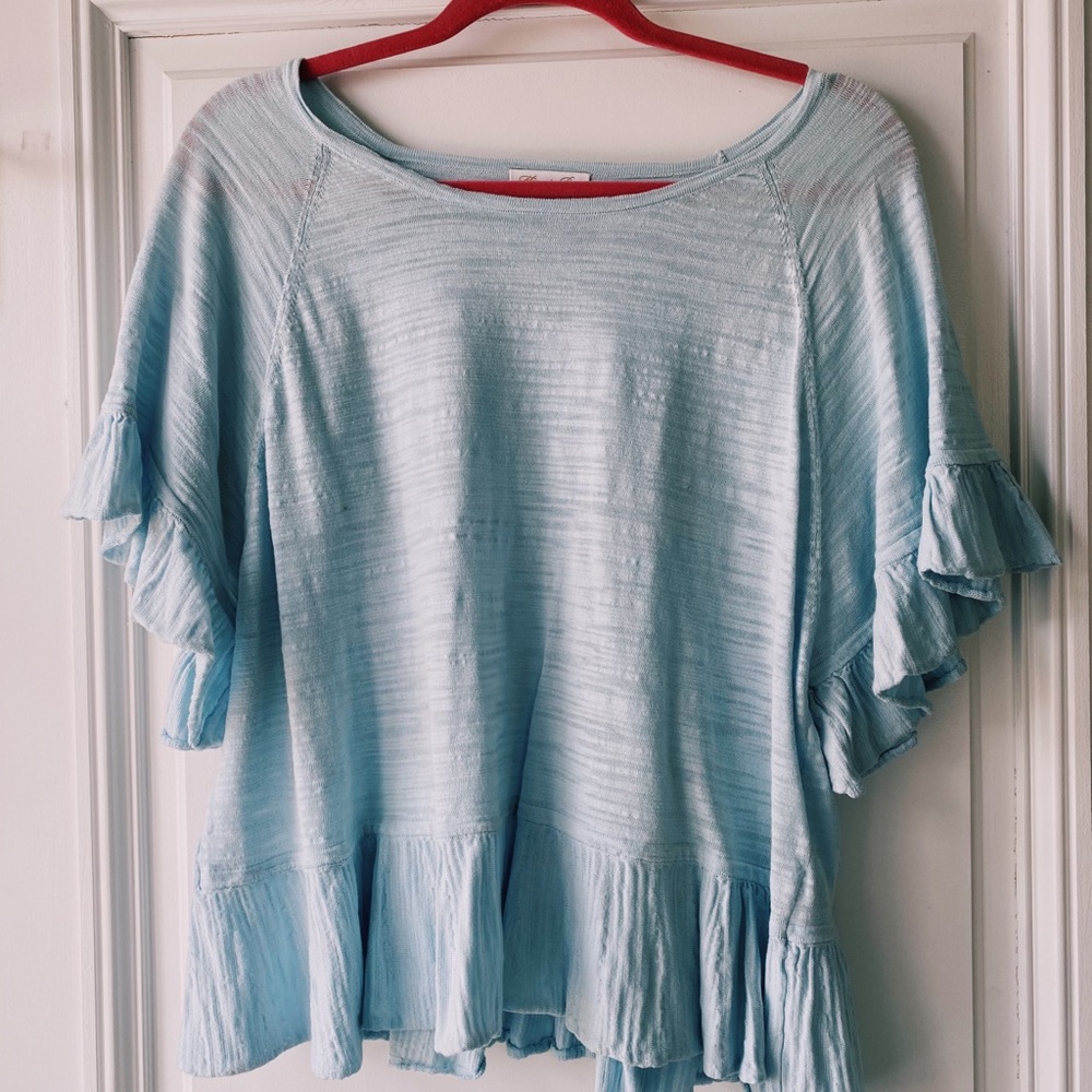 light blue minnie rose short sleeve blouse/sweater